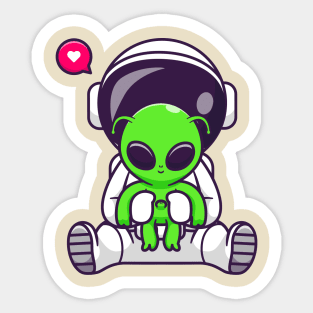 Cute Astronaut With Baby Alien Cartoon Sticker